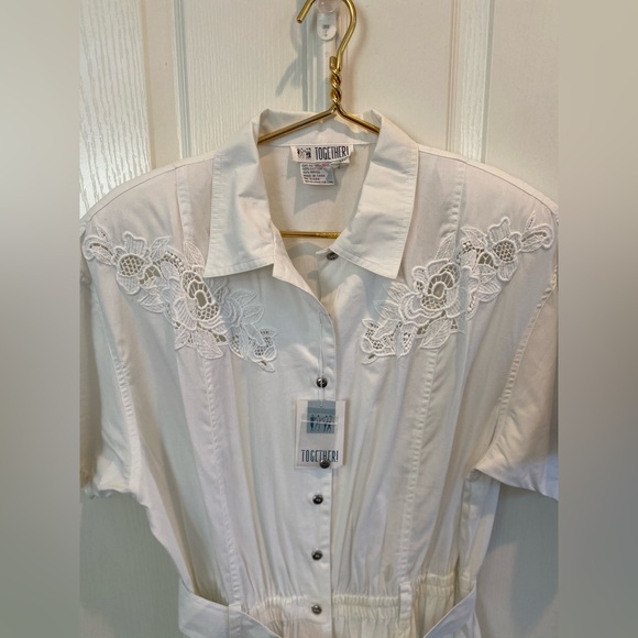 Vintage NWT Cotton Western Lace Shoulder Pad Midi Belted Dress VTG 14 - Picture 3 of 14